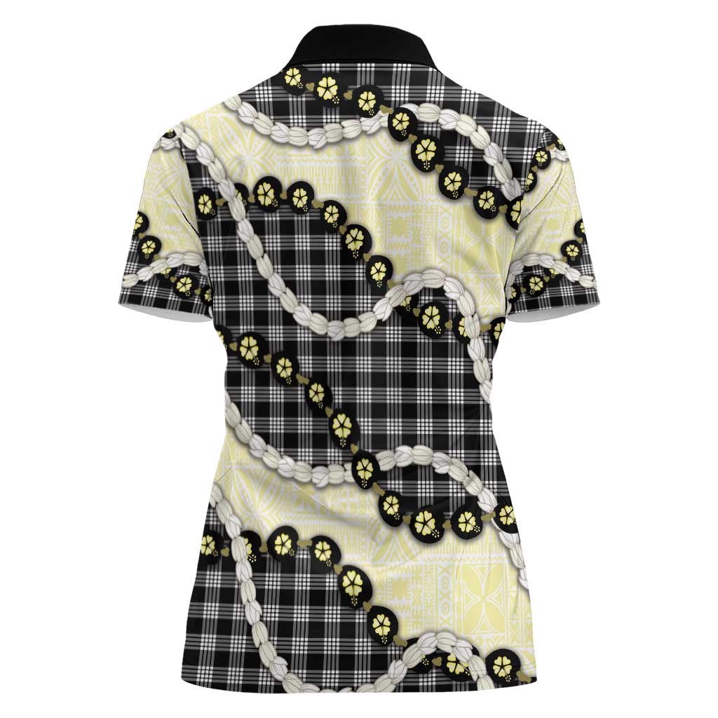 Black Palaka Hawaii Women Polo Shirt Kukui Nut Pikake Lei Hawaiian Tapa Pattern - Polynesian Pride