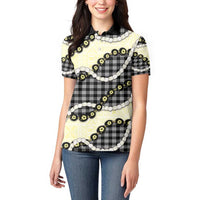 Black Palaka Hawaii Women Polo Shirt Kukui Nut Pikake Lei Hawaiian Tapa Pattern - Polynesian Pride