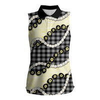 Black Palaka Hawaii Women Sleeveless Polo Shirt Kukui Nut Pikake Lei Hawaiian Tapa Pattern - Polynesian Pride