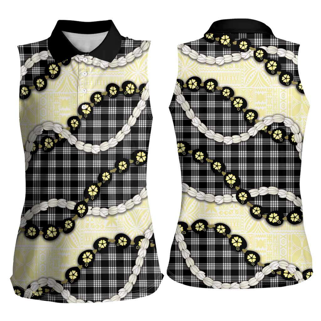 Black Palaka Hawaii Women Sleeveless Polo Shirt Kukui Nut Pikake Lei Hawaiian Tapa Pattern - Polynesian Pride