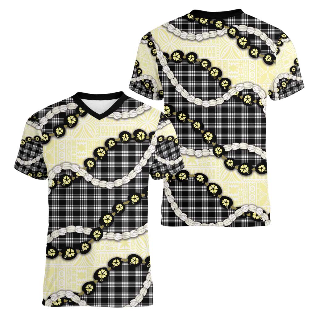 Black Palaka Hawaii Women V-Neck T-Shirt Kukui Nut Pikake Lei Hawaiian Tapa Pattern - Polynesian Pride