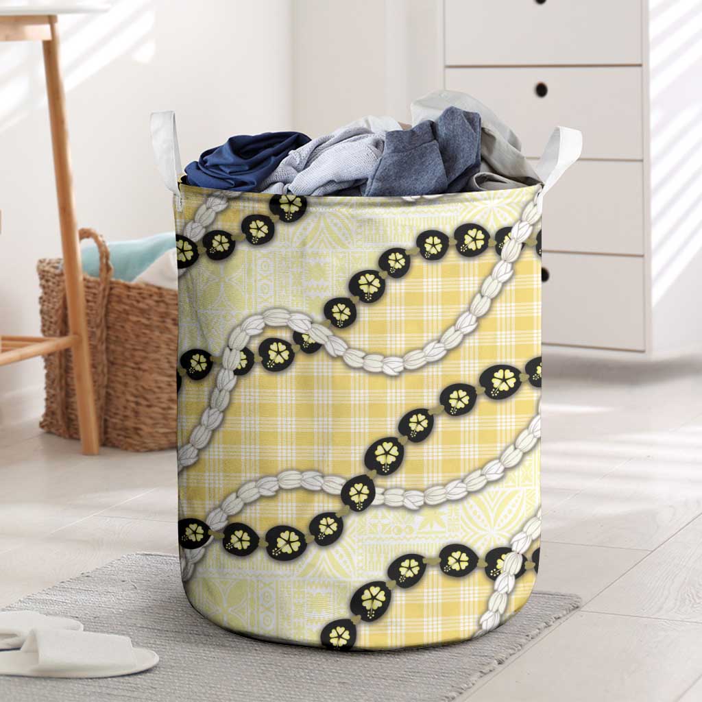 Yellow Palaka Hawaii Laundry Basket Kukui Nut Pikake Lei Hawaiian Tapa Pattern - Polynesian Pride