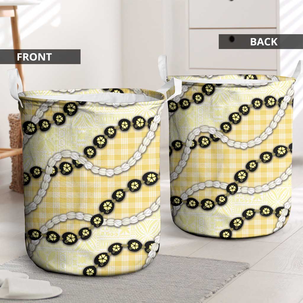 Yellow Palaka Hawaii Laundry Basket Kukui Nut Pikake Lei Hawaiian Tapa Pattern - Polynesian Pride