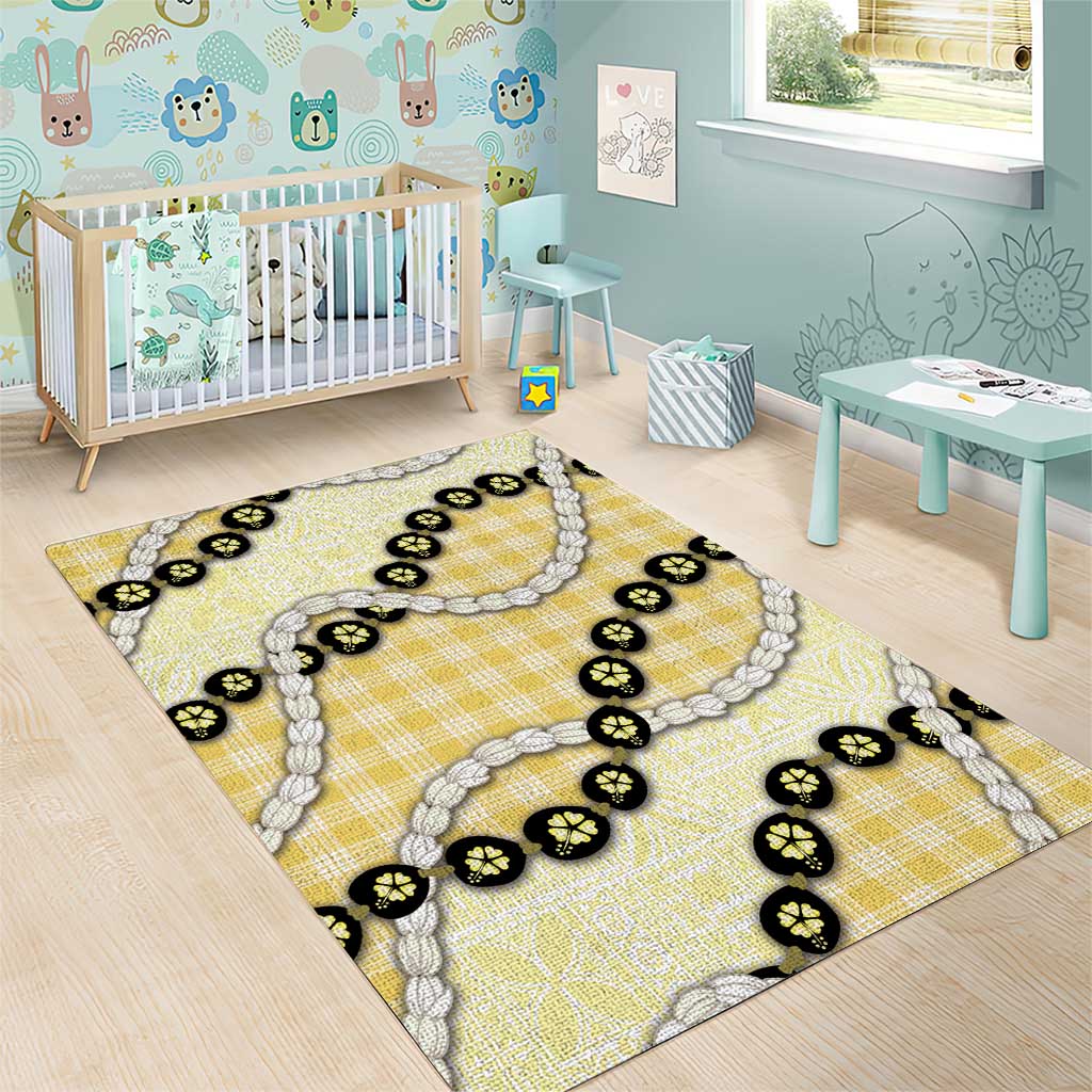 Yellow Palaka Hawaii Area Rug Kukui Nut Pikake Lei Hawaiian Tapa Pattern - Polynesian Pride
