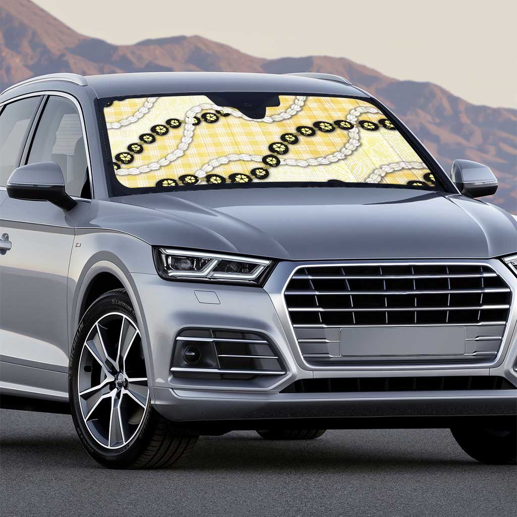 Yellow Palaka Hawaii Auto Sun Shade Kukui Nut Pikake Lei Hawaiian Tapa Pattern - Polynesian Pride