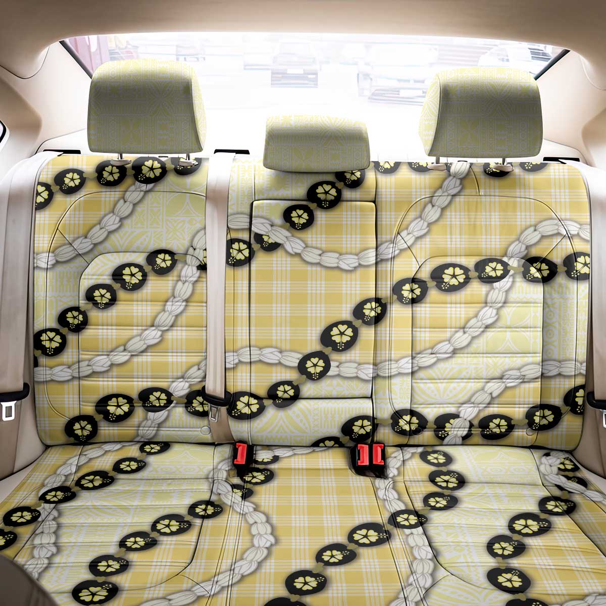 Yellow Palaka Hawaii Back Car Seat Cover Kukui Nut Pikake Lei Hawaiian Tapa Pattern - Polynesian Pride