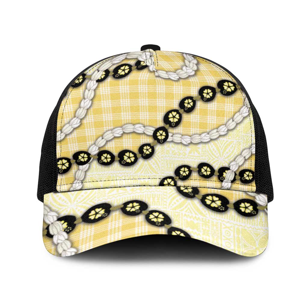 Yellow Palaka Hawaii Baseball Net Cap Kukui Nut Pikake Lei Hawaiian Tapa Pattern - Polynesian Pride