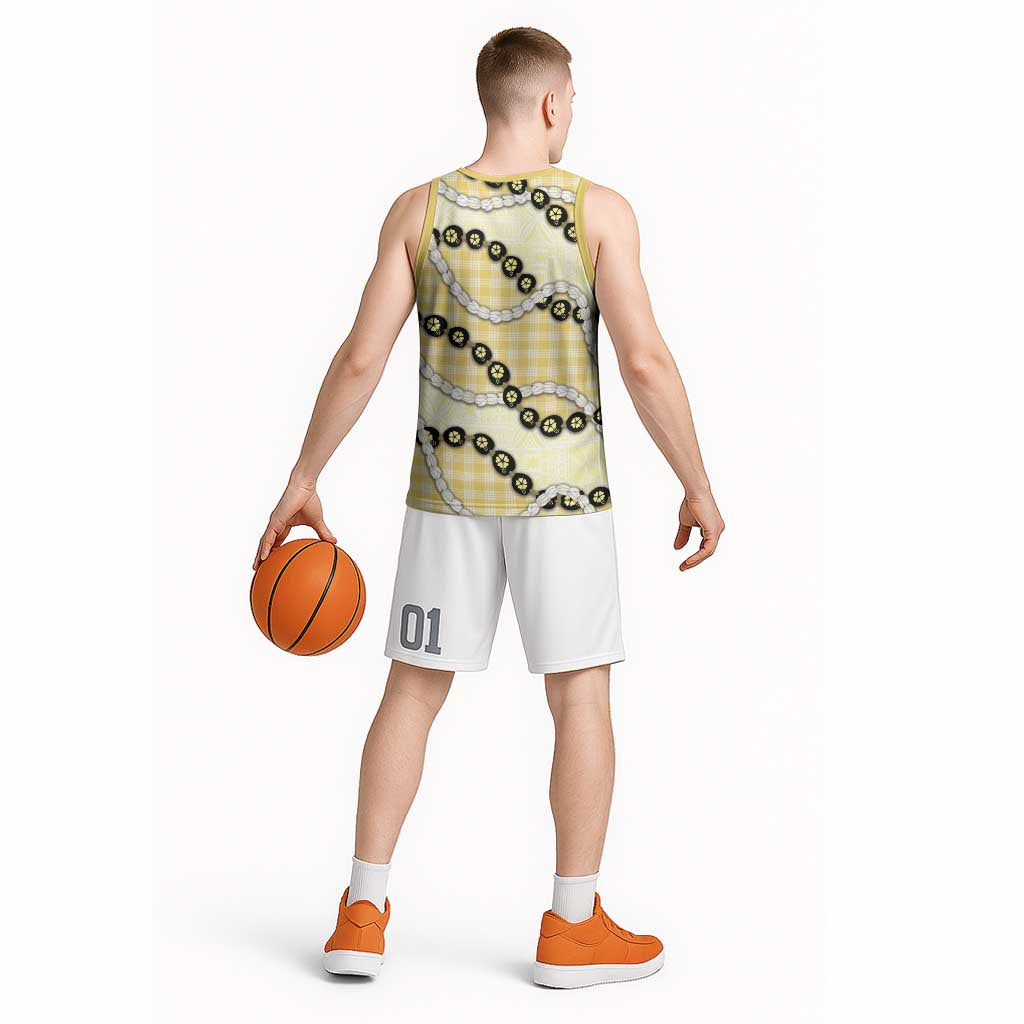 Yellow Palaka Hawaii Basketball Jersey Kukui Nut Pikake Lei Hawaiian Tapa Pattern - Polynesian Pride