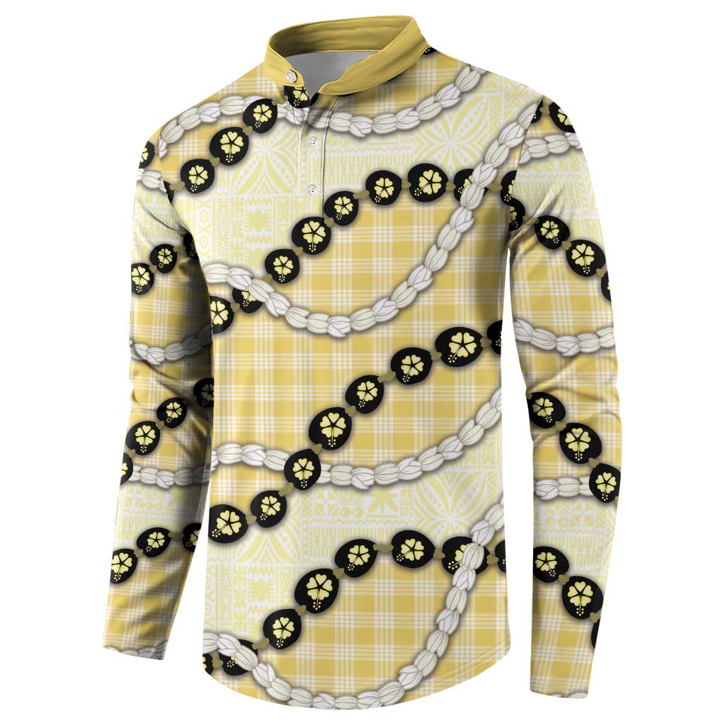 Yellow Palaka Hawaii Button Sweatshirt Kukui Nut Pikake Lei Hawaiian Tapa Pattern - Polynesian Pride