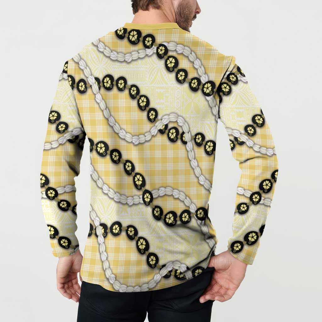 Yellow Palaka Hawaii Button Sweatshirt Kukui Nut Pikake Lei Hawaiian Tapa Pattern - Polynesian Pride