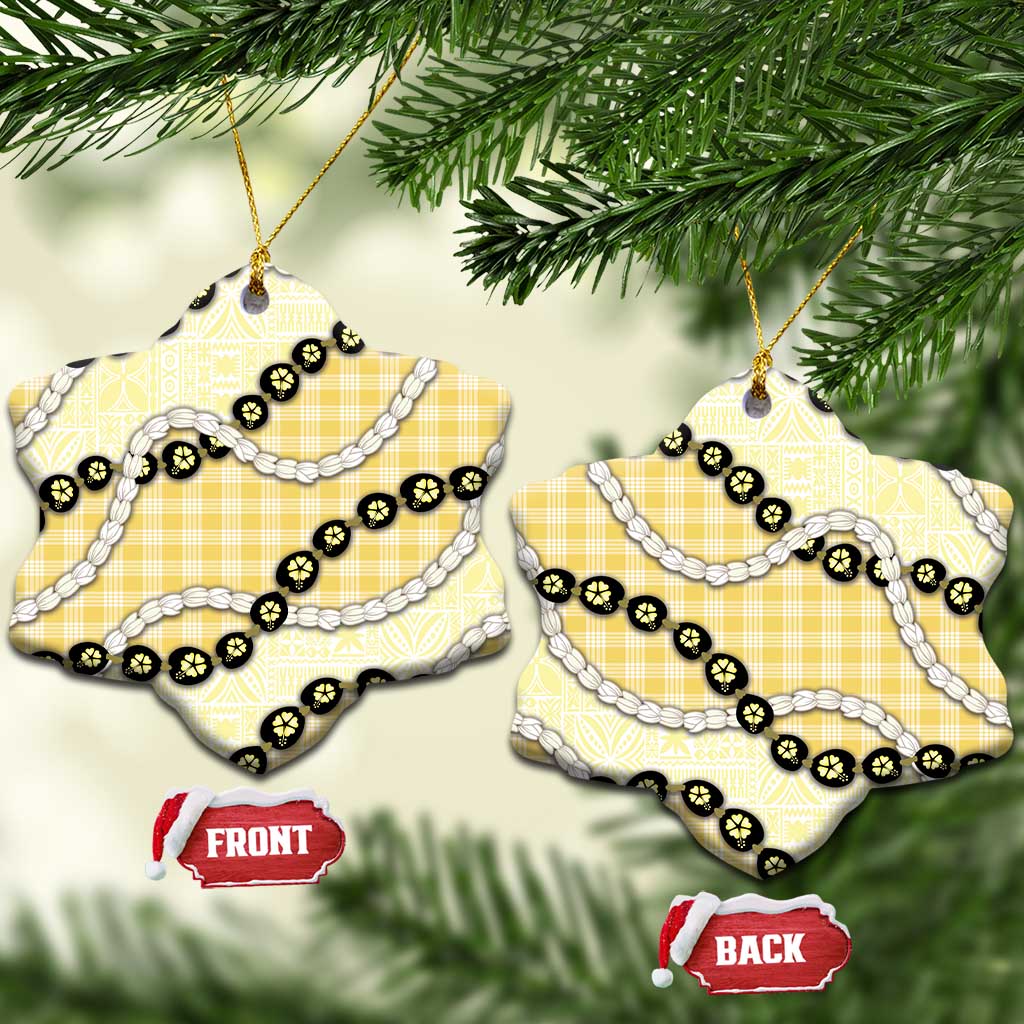 Yellow Palaka Hawaii Ceramic Ornament Kukui Nut Pikake Lei Hawaiian Tapa Pattern - Polynesian Pride