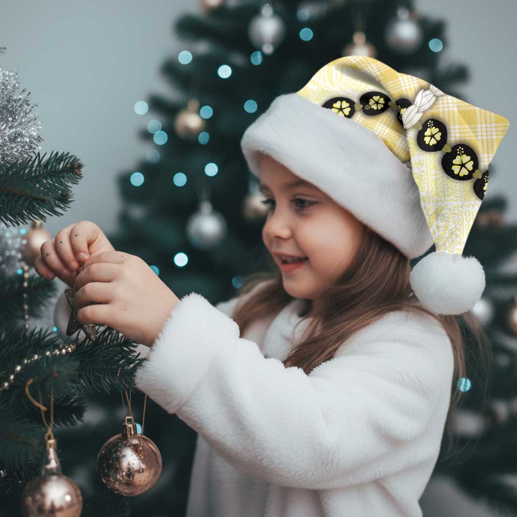 Yellow Palaka Hawaii Christmas Santa Hat Kukui Nut Pikake Lei Hawaiian Tapa Pattern - Polynesian Pride