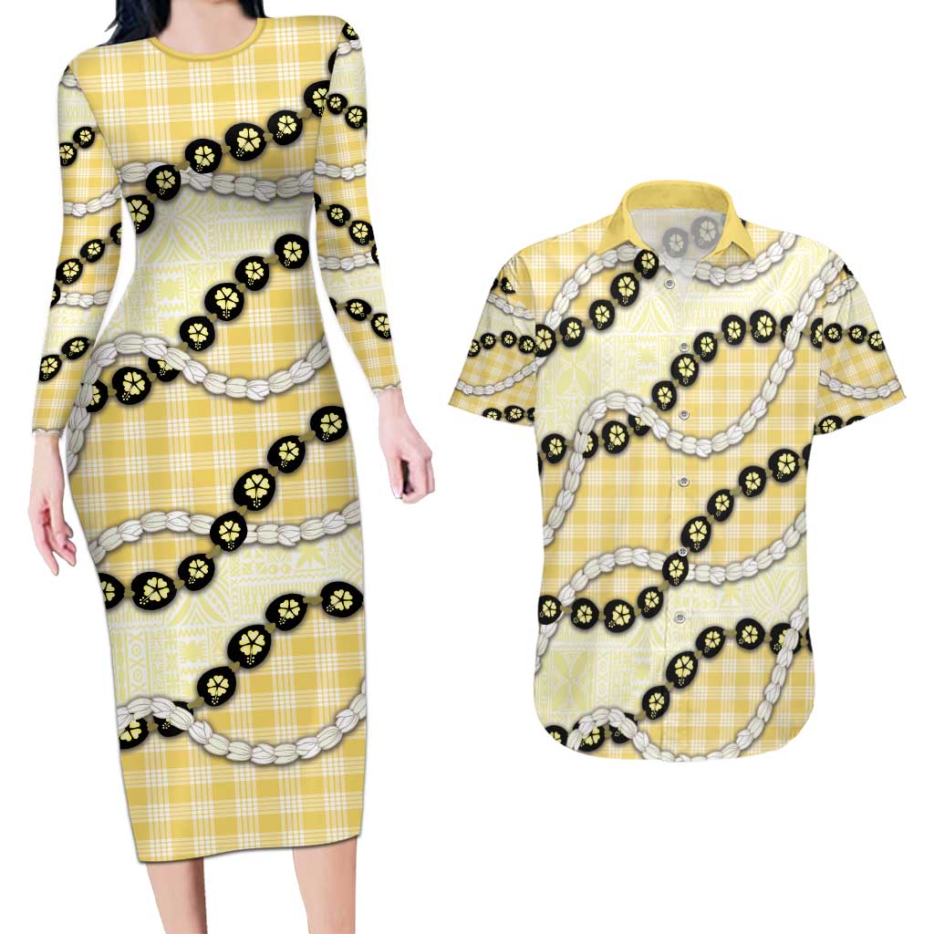 Yellow Palaka Hawaii Couples Matching Long Sleeve Bodycon Dress and Hawaiian Shirt Kukui Nut Pikake Lei Hawaiian Tapa Pattern - Polynesian Pride