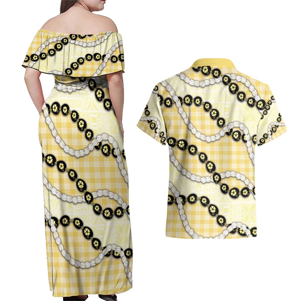 Yellow Palaka Hawaii Couples Matching Off Shoulder Maxi Dress and Hawaiian Shirt Kukui Nut Pikake Lei Hawaiian Tapa Pattern - Polynesian Pride
