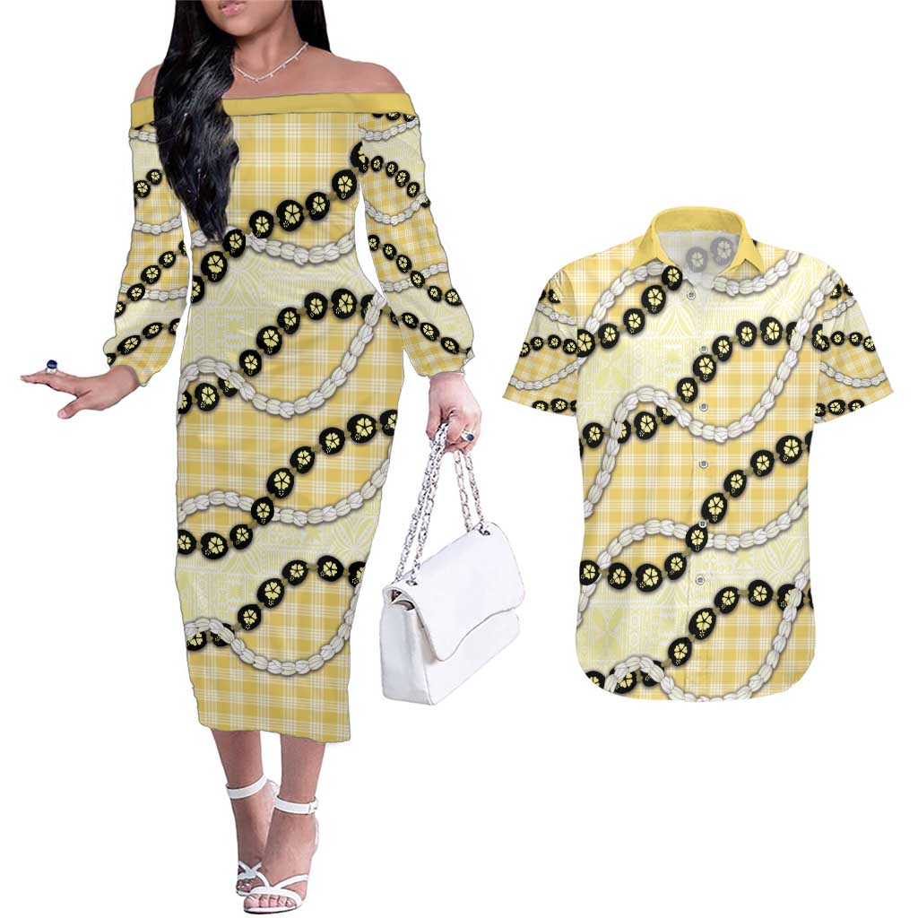 Yellow Palaka Hawaii Couples Matching Off The Shoulder Long Sleeve Dress and Hawaiian Shirt Kukui Nut Pikake Lei Hawaiian Tapa Pattern - Polynesian Pride