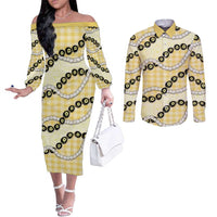 Yellow Palaka Hawaii Couples Matching Off The Shoulder Long Sleeve Dress and Long Sleeve Button Shirt Kukui Nut Pikake Lei Hawaiian Tapa Pattern - Polynesian Pride