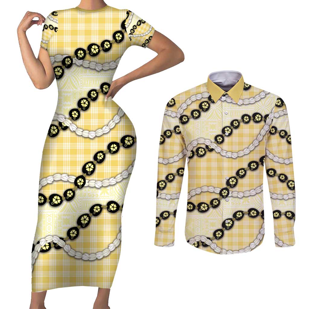 Yellow Palaka Hawaii Couples Matching Short Sleeve Bodycon Dress and Long Sleeve Button Shirt Kukui Nut Pikake Lei Hawaiian Tapa Pattern - Polynesian Pride