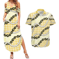 Yellow Palaka Hawaii Couples Matching Summer Maxi Dress and Hawaiian Shirt Kukui Nut Pikake Lei Hawaiian Tapa Pattern - Polynesian Pride