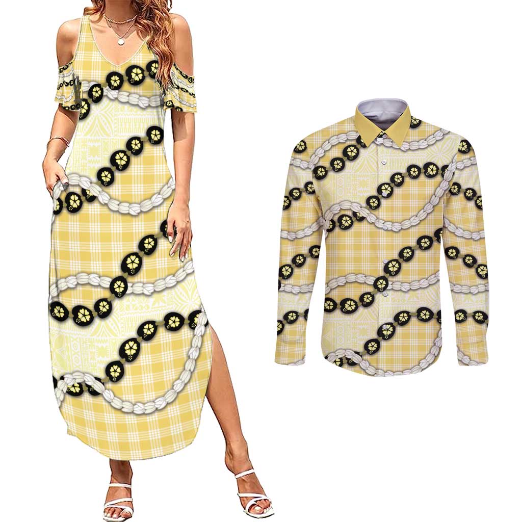 Yellow Palaka Hawaii Couples Matching Summer Maxi Dress and Long Sleeve Button Shirt Kukui Nut Pikake Lei Hawaiian Tapa Pattern - Polynesian Pride