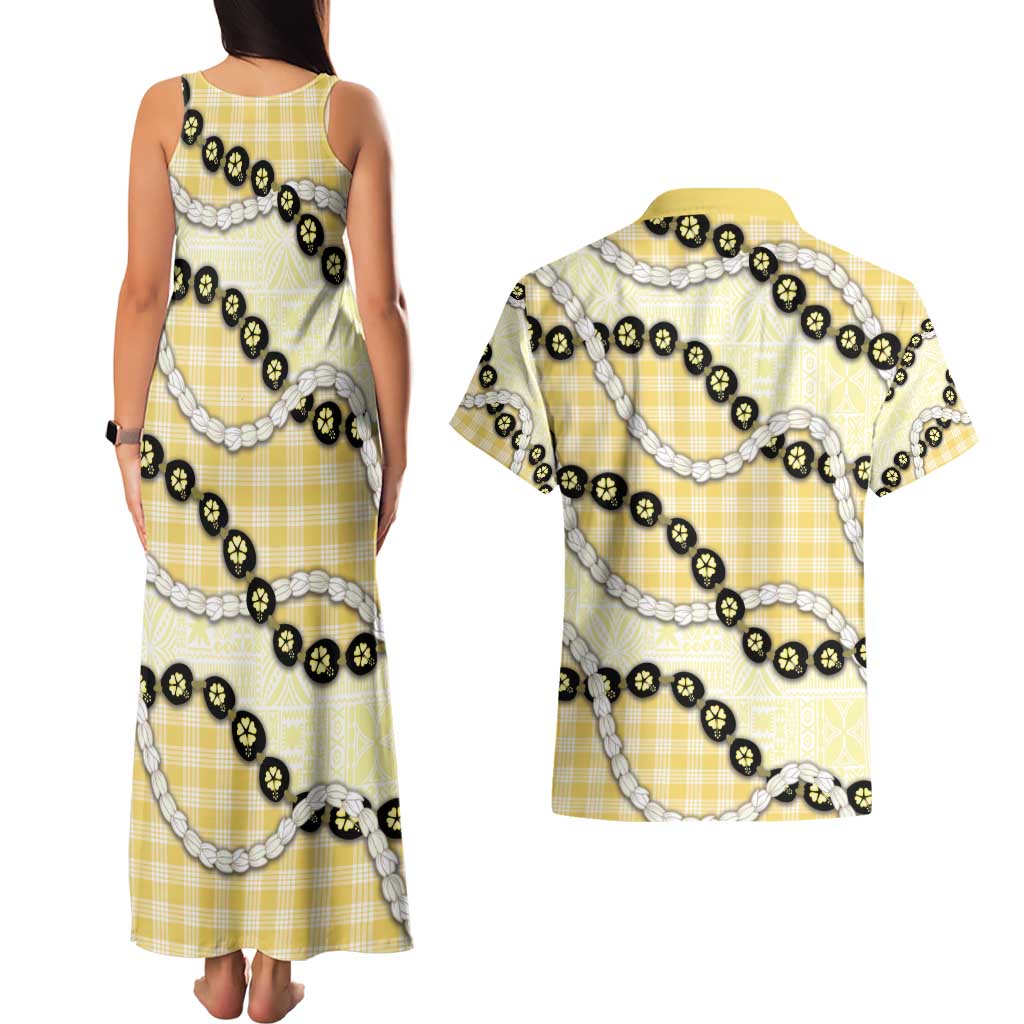 Yellow Palaka Hawaii Couples Matching Tank Maxi Dress and Hawaiian Shirt Kukui Nut Pikake Lei Hawaiian Tapa Pattern - Polynesian Pride