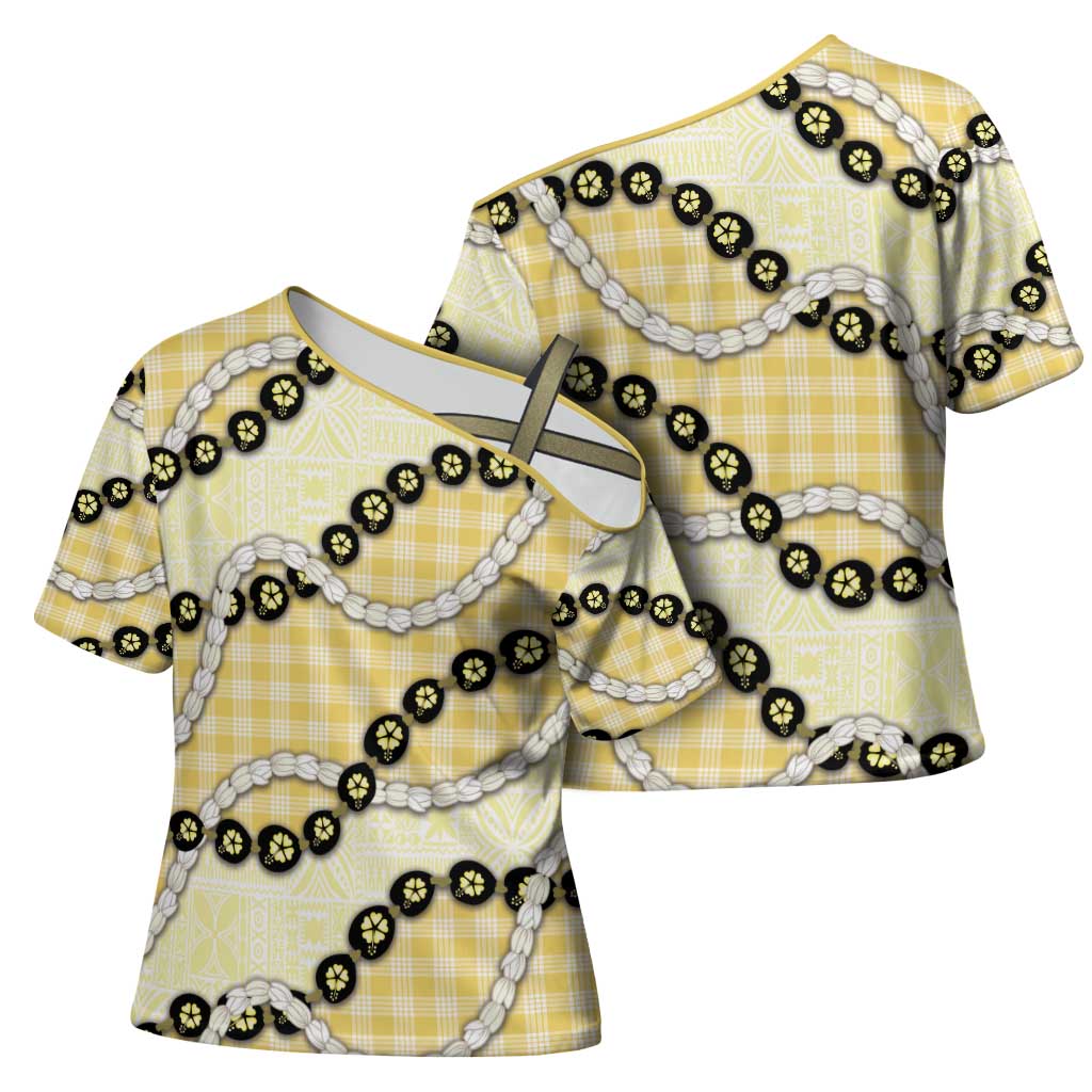 Yellow Palaka Hawaii Cross Shoulder Shirt Kukui Nut Pikake Lei Hawaiian Tapa Pattern - Polynesian Pride