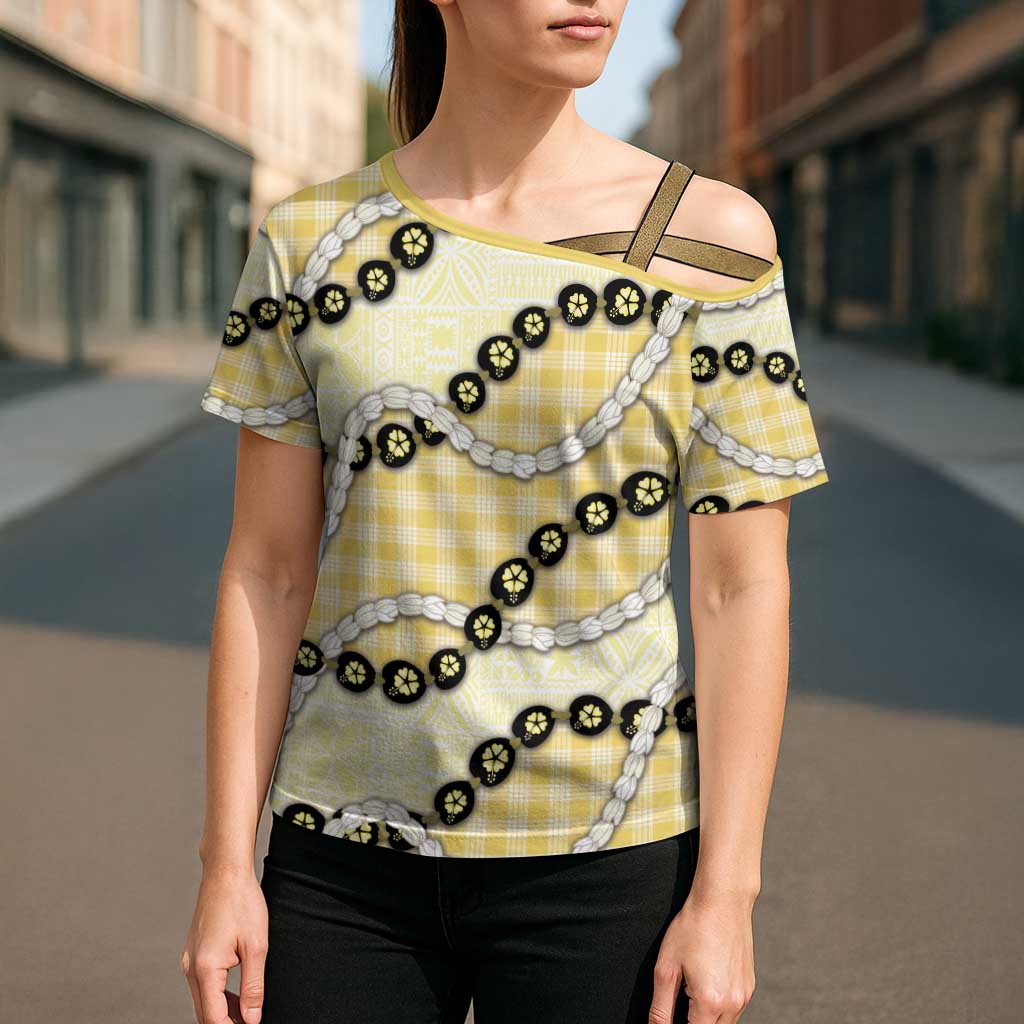 Yellow Palaka Hawaii Cross Shoulder Shirt Kukui Nut Pikake Lei Hawaiian Tapa Pattern - Polynesian Pride