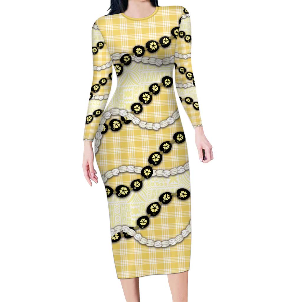 Yellow Palaka Hawaii Family Matching Long Sleeve Bodycon Dress and Hawaiian Shirt Kukui Nut Pikake Lei Hawaiian Tapa Pattern - Polynesian Pride