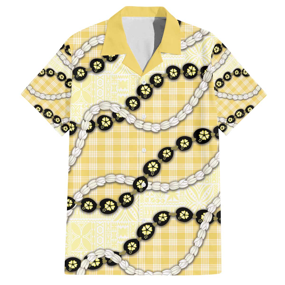 Yellow Palaka Hawaii Family Matching Off The Shoulder Long Sleeve Dress and Hawaiian Shirt Kukui Nut Pikake Lei Hawaiian Tapa Pattern - Polynesian Pride