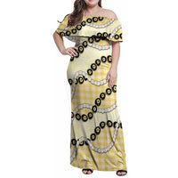 Yellow Palaka Hawaii Family Matching Off Shoulder Maxi Dress and Hawaiian Shirt Kukui Nut Pikake Lei Hawaiian Tapa Pattern - Polynesian Pride