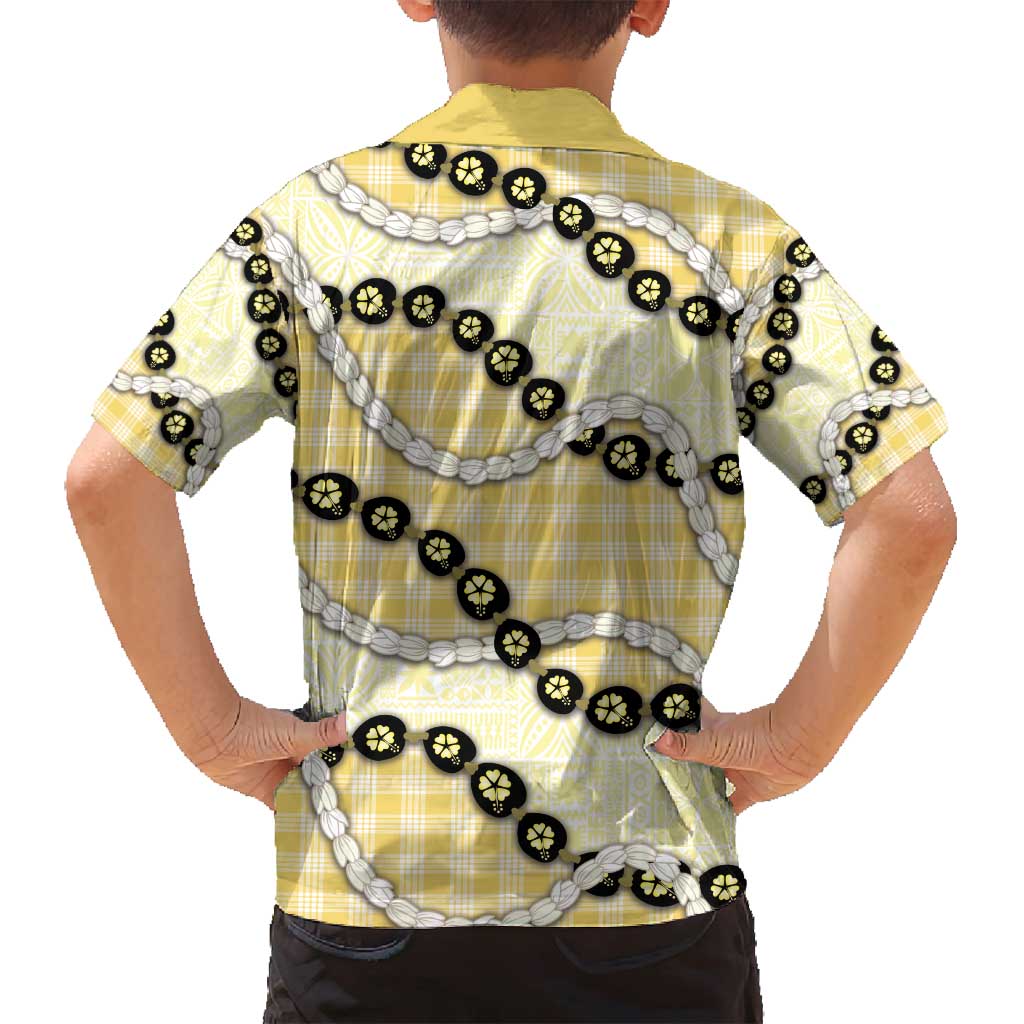 Yellow Palaka Hawaii Family Matching Off Shoulder Short Dress and Hawaiian Shirt Kukui Nut Pikake Lei Hawaiian Tapa Pattern - Polynesian Pride