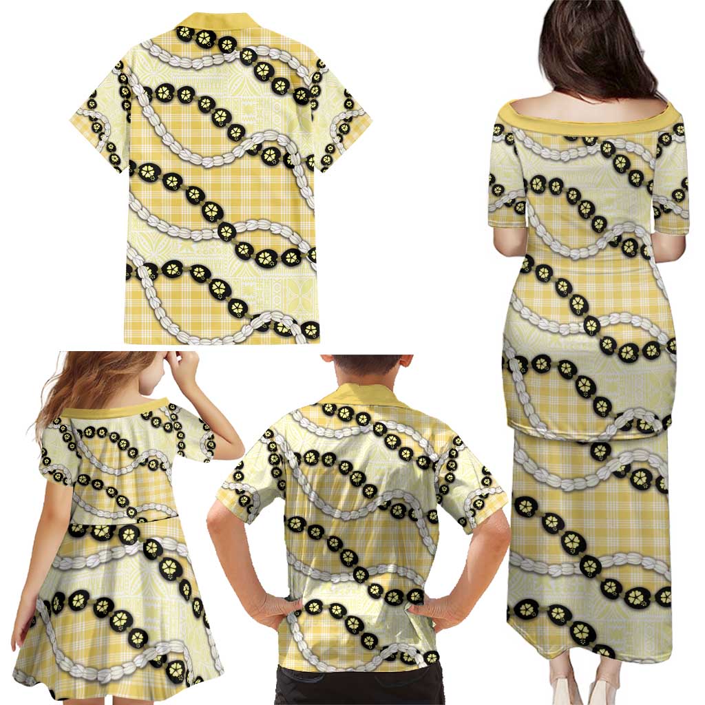 Yellow Palaka Hawaii Family Matching Puletasi and Hawaiian Shirt Kukui Nut Pikake Lei Hawaiian Tapa Pattern - Polynesian Pride