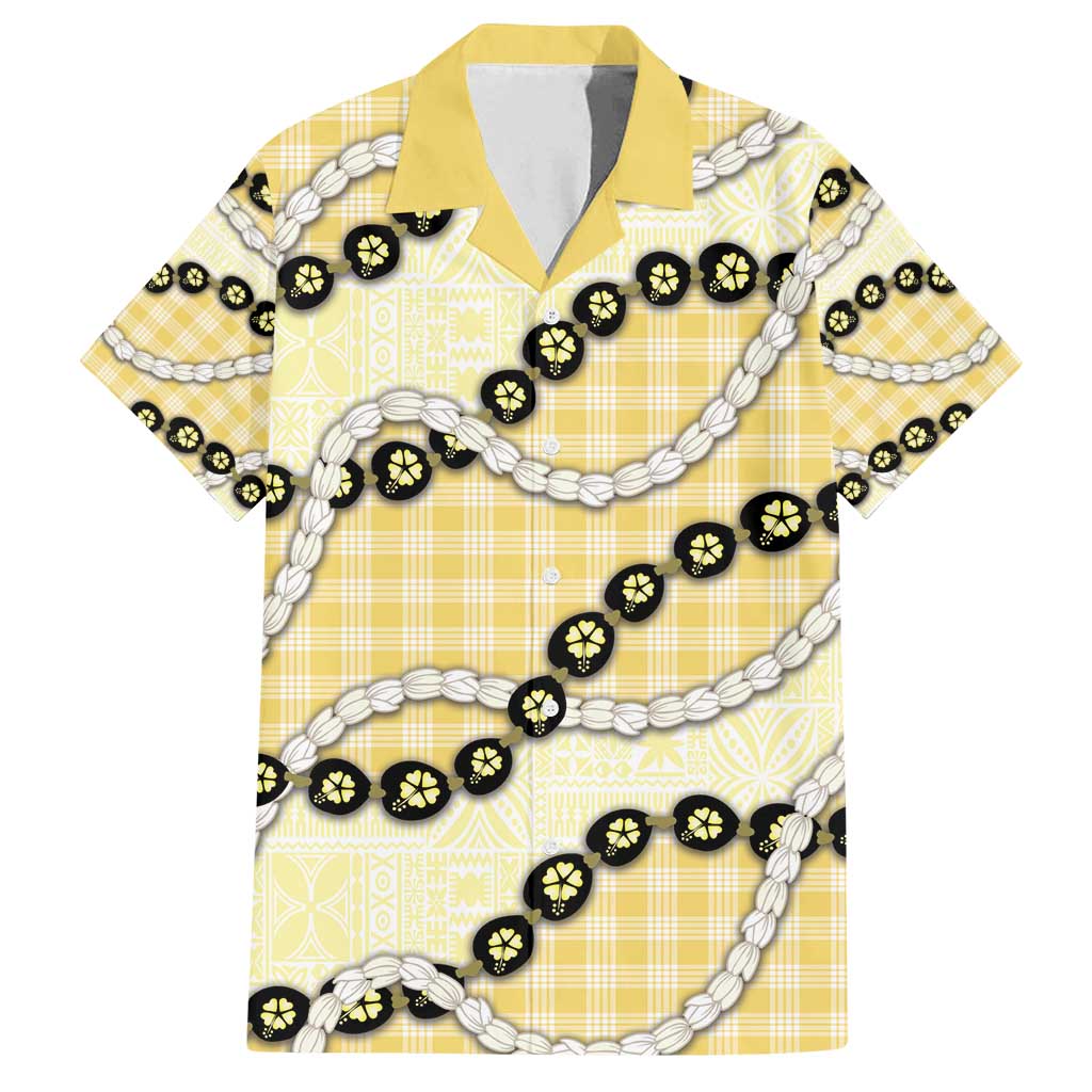 Yellow Palaka Hawaii Family Matching Tank Maxi Dress and Hawaiian Shirt Kukui Nut Pikake Lei Hawaiian Tapa Pattern - Polynesian Pride
