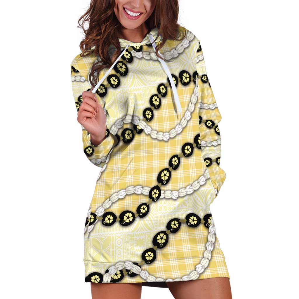 Yellow Palaka Hawaii Hoodie Dress Kukui Nut Pikake Lei Hawaiian Tapa Pattern - Polynesian Pride