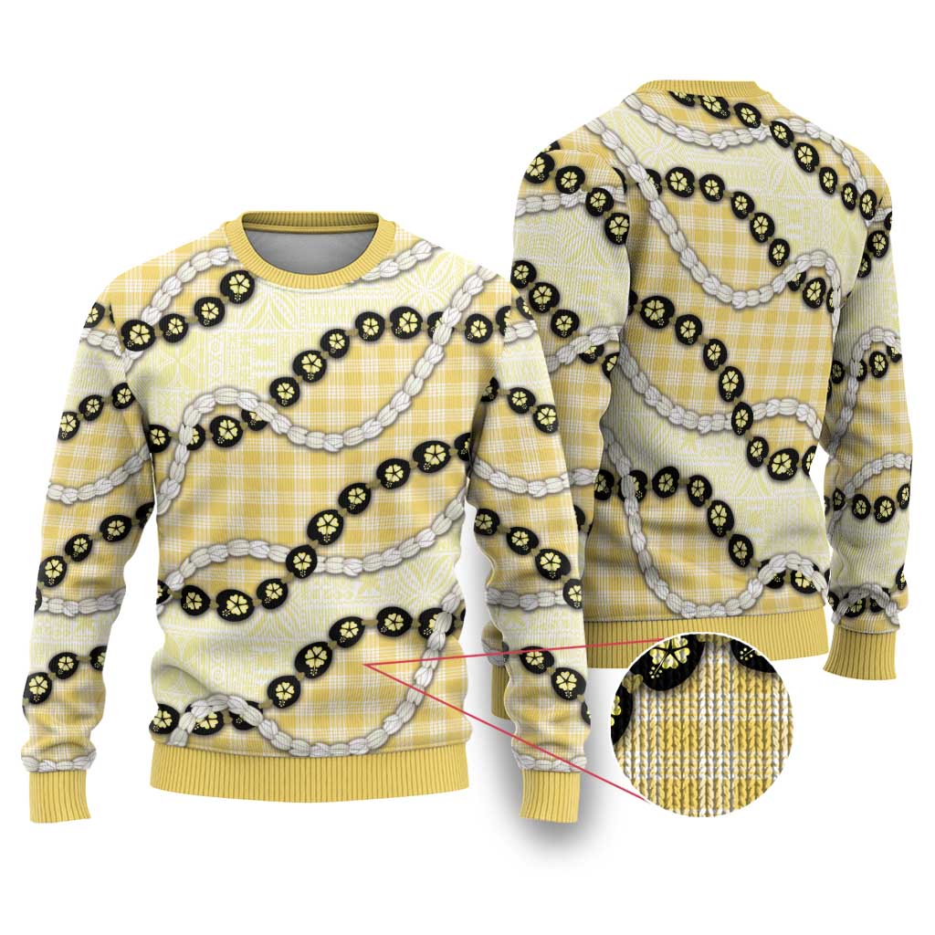 Yellow Palaka Hawaii Ugly Christmas Sweater Kukui Nut Pikake Lei Hawaiian Tapa Pattern - Polynesian Pride