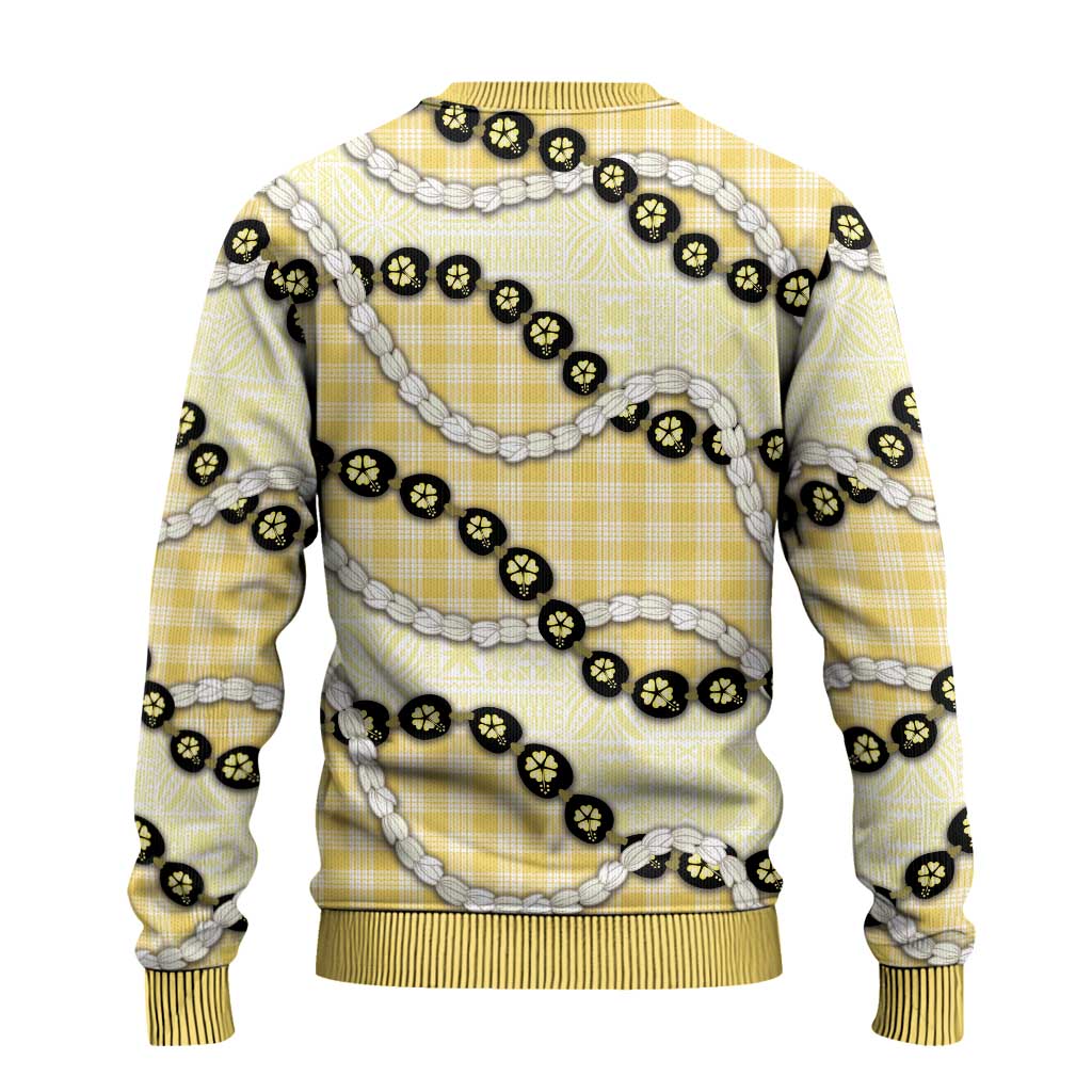 Yellow Palaka Hawaii Ugly Christmas Sweater Kukui Nut Pikake Lei Hawaiian Tapa Pattern - Polynesian Pride