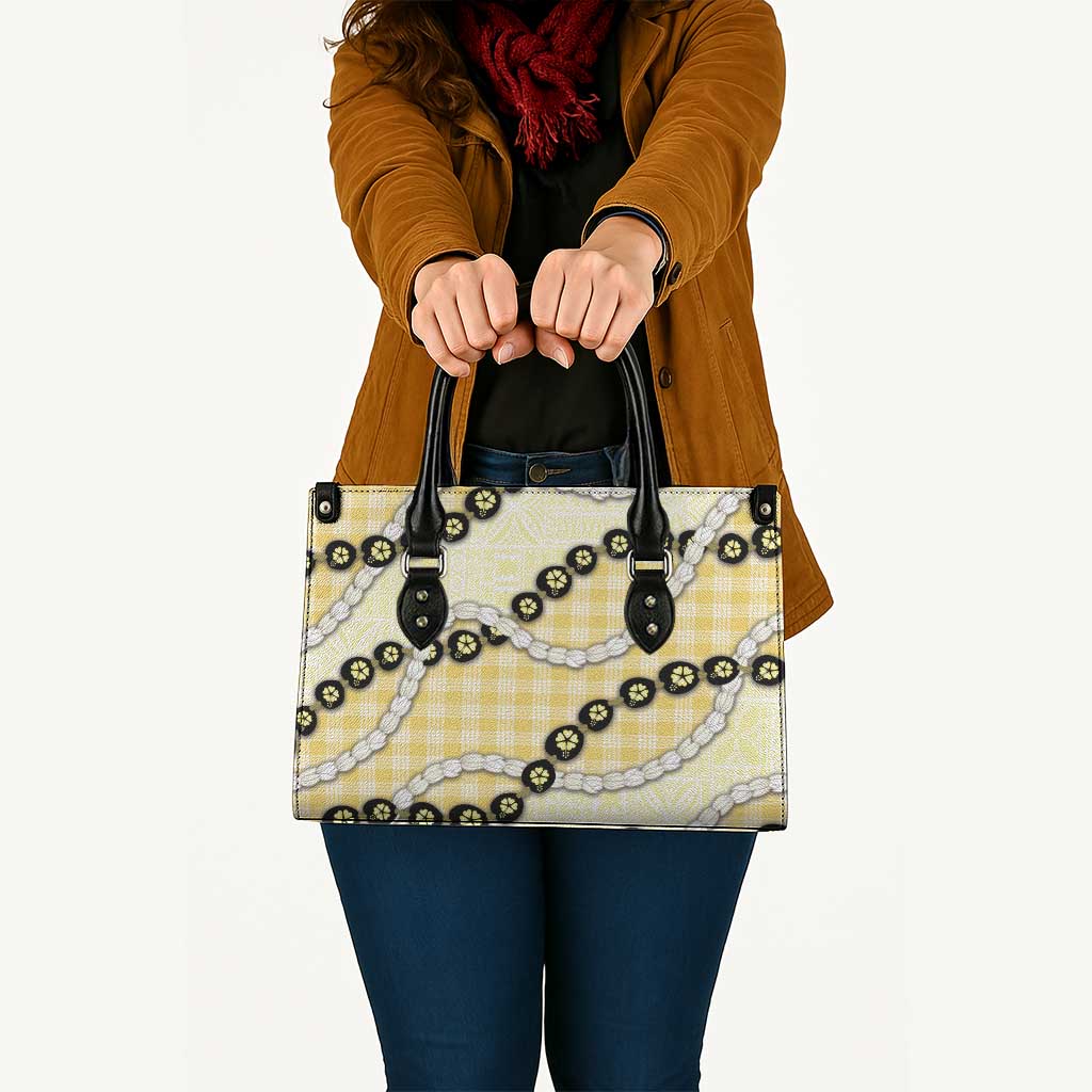 Yellow Palaka Hawaii Leather Bag Kukui Nut Pikake Lei Hawaiian Tapa Pattern - Polynesian Pride