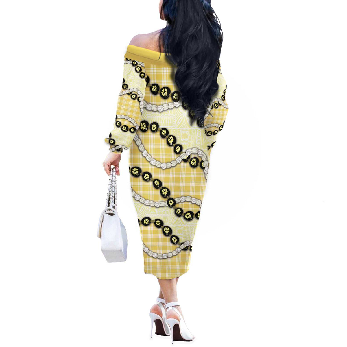 Yellow Palaka Hawaii Off The Shoulder Long Sleeve Dress Kukui Nut Pikake Lei Hawaiian Tapa Pattern - Polynesian Pride