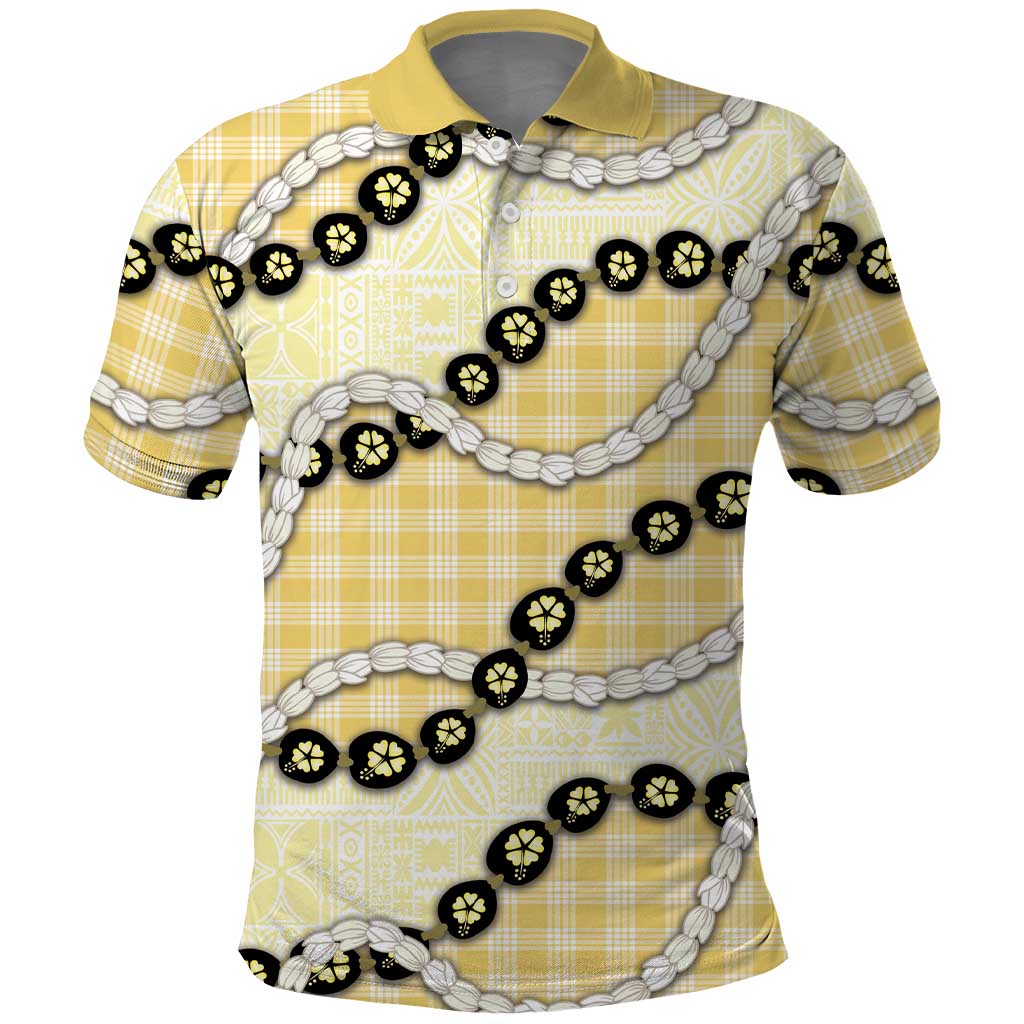 Yellow Palaka Hawaii Polo Shirt Kukui Nut Pikake Lei Hawaiian Tapa Pattern - Polynesian Pride