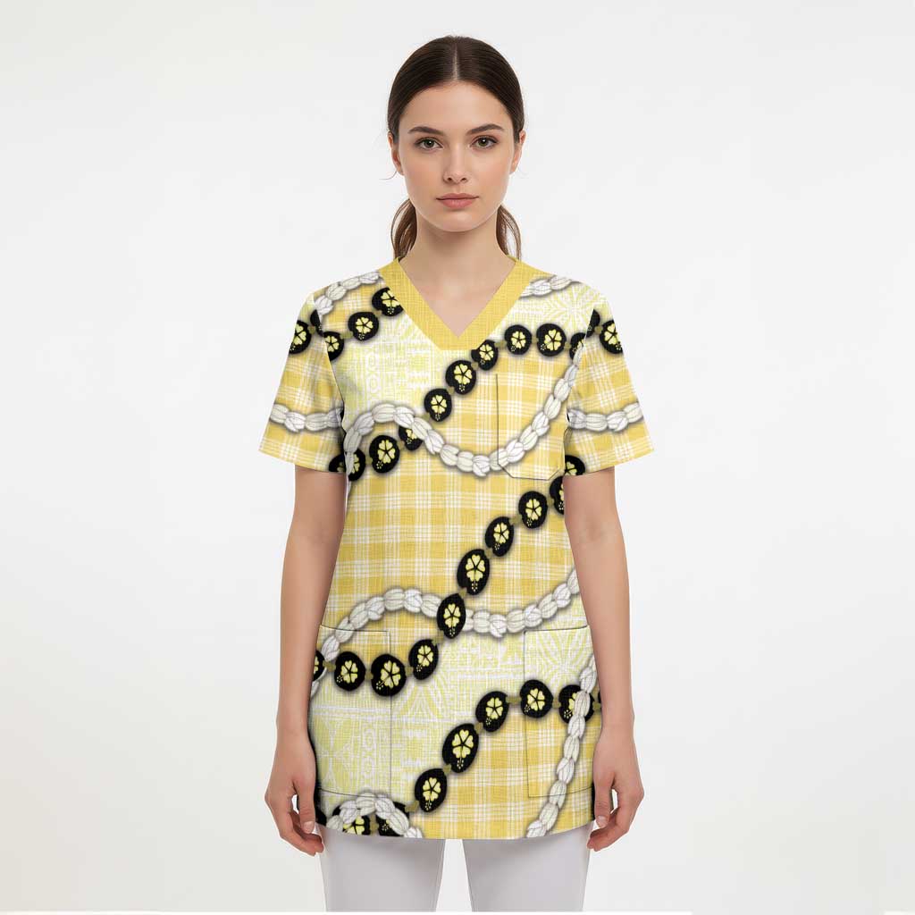 Yellow Palaka Hawaii Scrub Top Kukui Nut Pikake Lei Hawaiian Tapa Pattern - Polynesian Pride