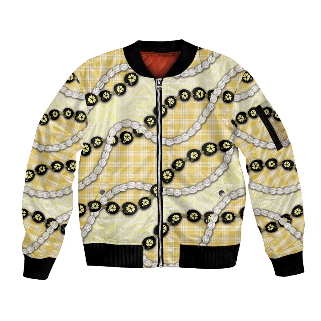 Yellow Palaka Hawaii Sleeve Zip Bomber Jacket Kukui Nut Pikake Lei Hawaiian Tapa Pattern - Polynesian Pride