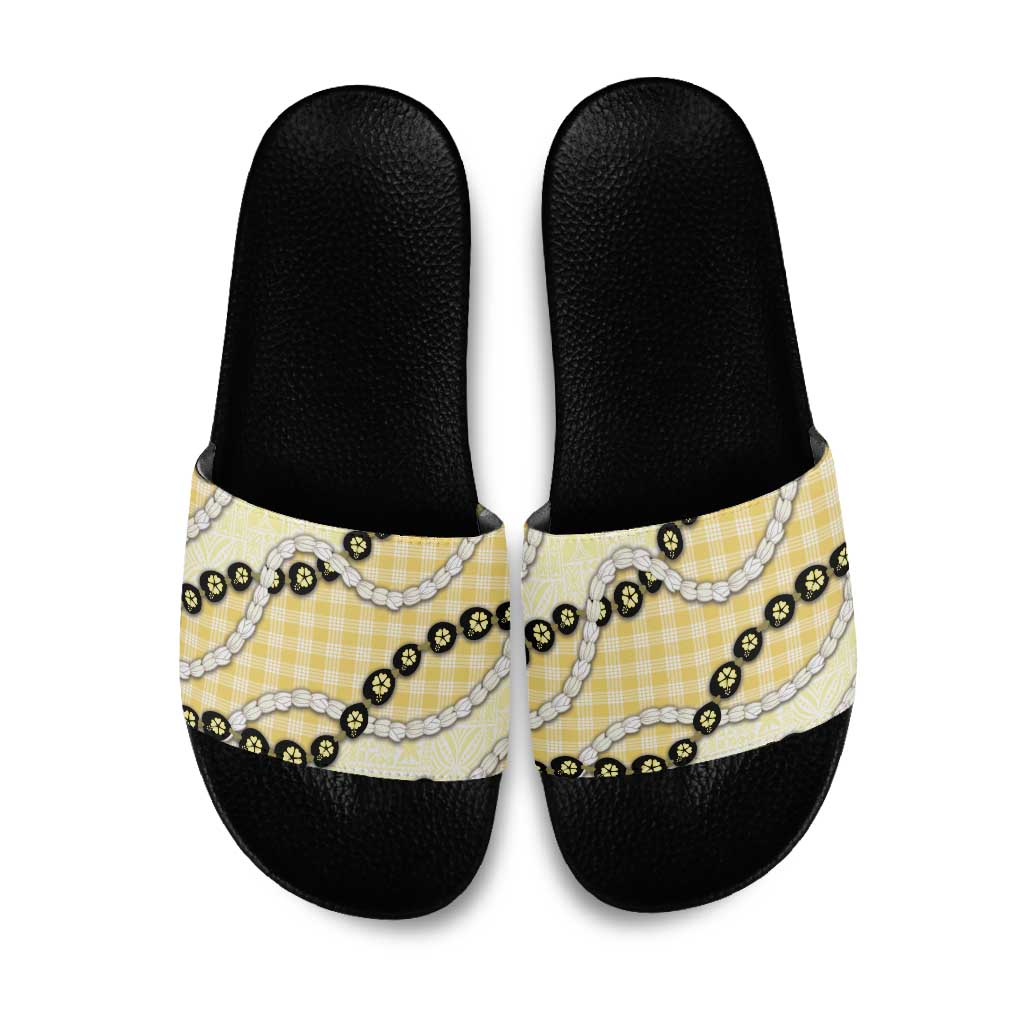 Yellow Palaka Hawaii Slide Sandals Kukui Nut Pikake Lei Hawaiian Tapa Pattern LT14 Yellow - Polynesian Pride