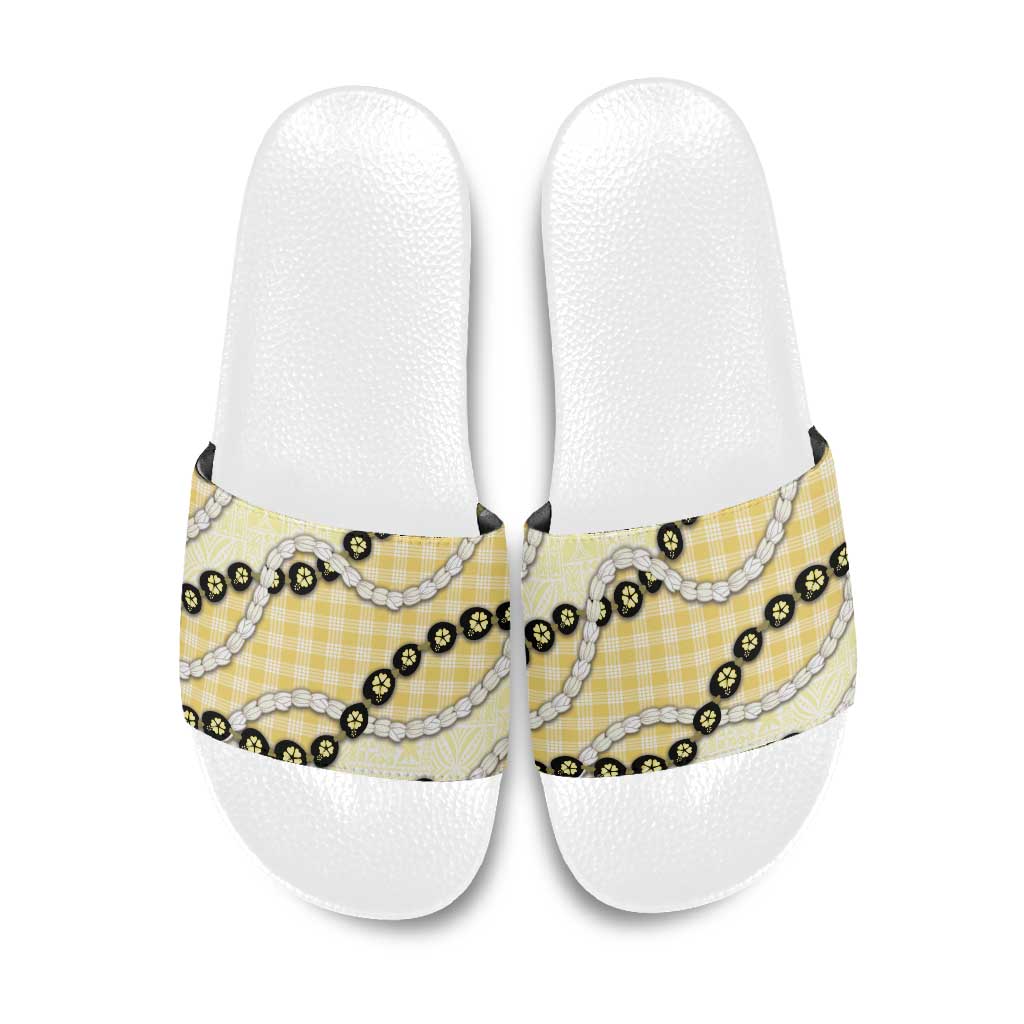 Yellow Palaka Hawaii Slide Sandals Kukui Nut Pikake Lei Hawaiian Tapa Pattern - Polynesian Pride