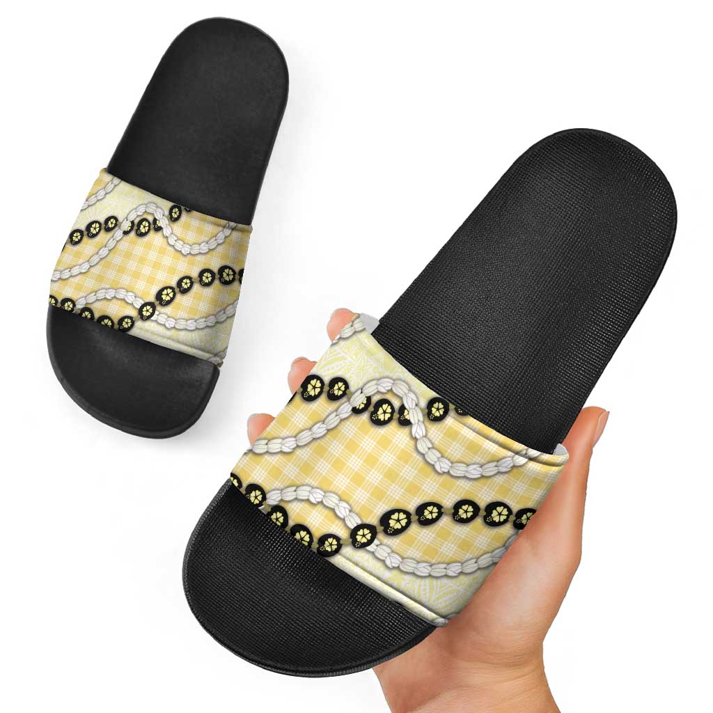 Yellow Palaka Hawaii Slide Sandals Kukui Nut Pikake Lei Hawaiian Tapa Pattern - Polynesian Pride