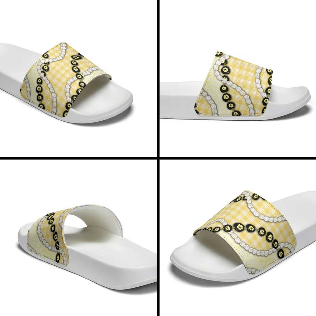 Yellow Palaka Hawaii Slide Sandals Kukui Nut Pikake Lei Hawaiian Tapa Pattern - Polynesian Pride
