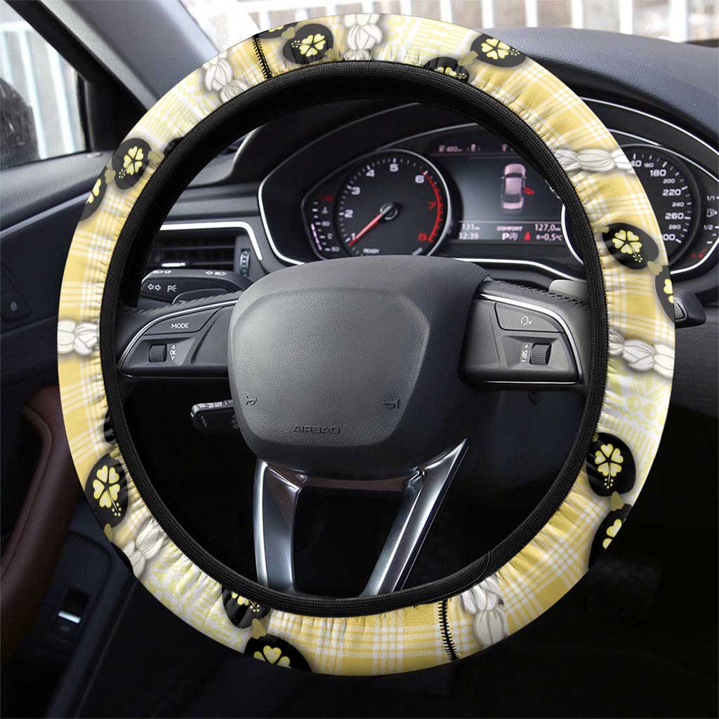 Yellow Palaka Hawaii Steering Wheel Cover Kukui Nut Pikake Lei Hawaiian Tapa Pattern - Polynesian Pride