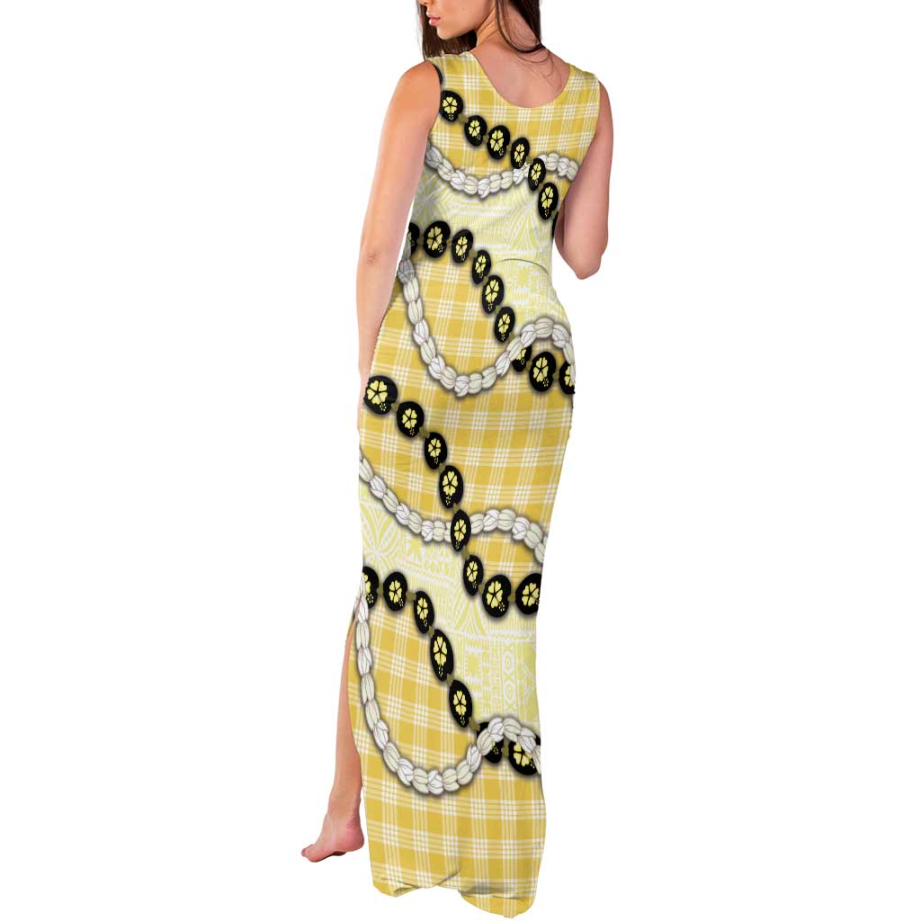 Yellow Palaka Hawaii Tank Maxi Dress Kukui Nut Pikake Lei Hawaiian Tapa Pattern - Polynesian Pride