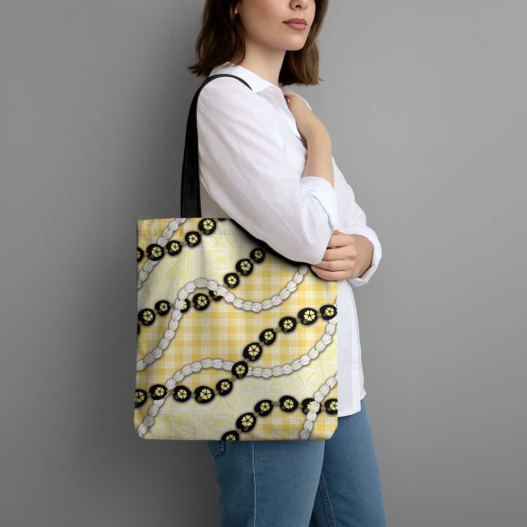 Yellow Palaka Hawaii Tote Bag Kukui Nut Pikake Lei Hawaiian Tapa Pattern - Polynesian Pride