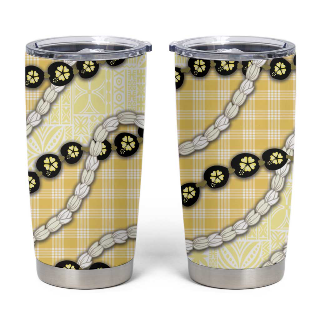 Yellow Palaka Hawaii Tumbler Cup Kukui Nut Pikake Lei Hawaiian Tapa Pattern - Polynesian Pride