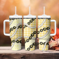 Yellow Palaka Hawaii Tumbler With Handle Kukui Nut Pikake Lei Hawaiian Tapa Pattern - Polynesian Pride