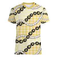 Yellow Palaka Hawaii Women V-Neck T-Shirt Kukui Nut Pikake Lei Hawaiian Tapa Pattern - Polynesian Pride